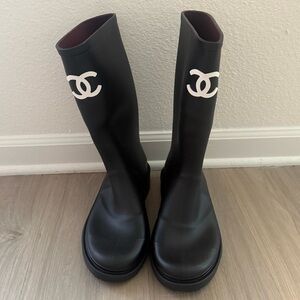 CHANEL Rubber Rain Boots - Black with White Logo and Burgundy Interior
